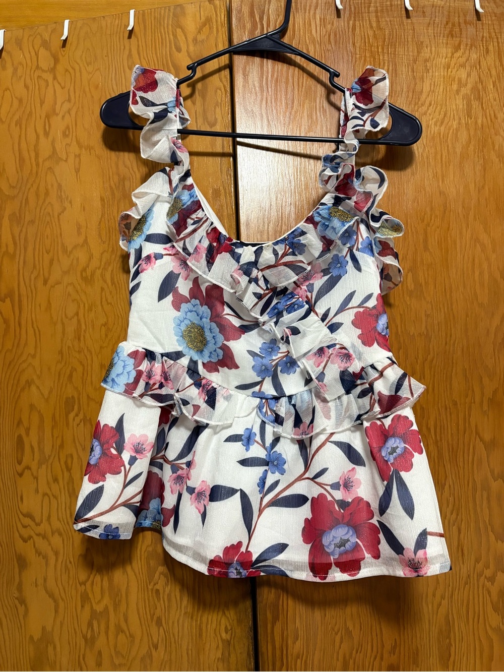 Women's Floral Ruffle Sleeveless Top - White with Red & Blue Flowers